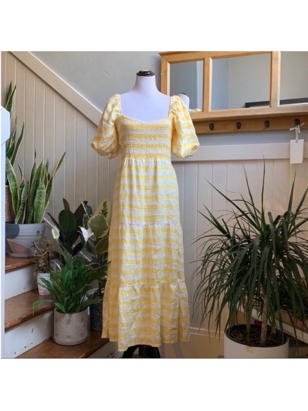 NWT FAITHFULL THE BRAND 100% Linen Gianna Shirred Checked Linen Midi Dress
